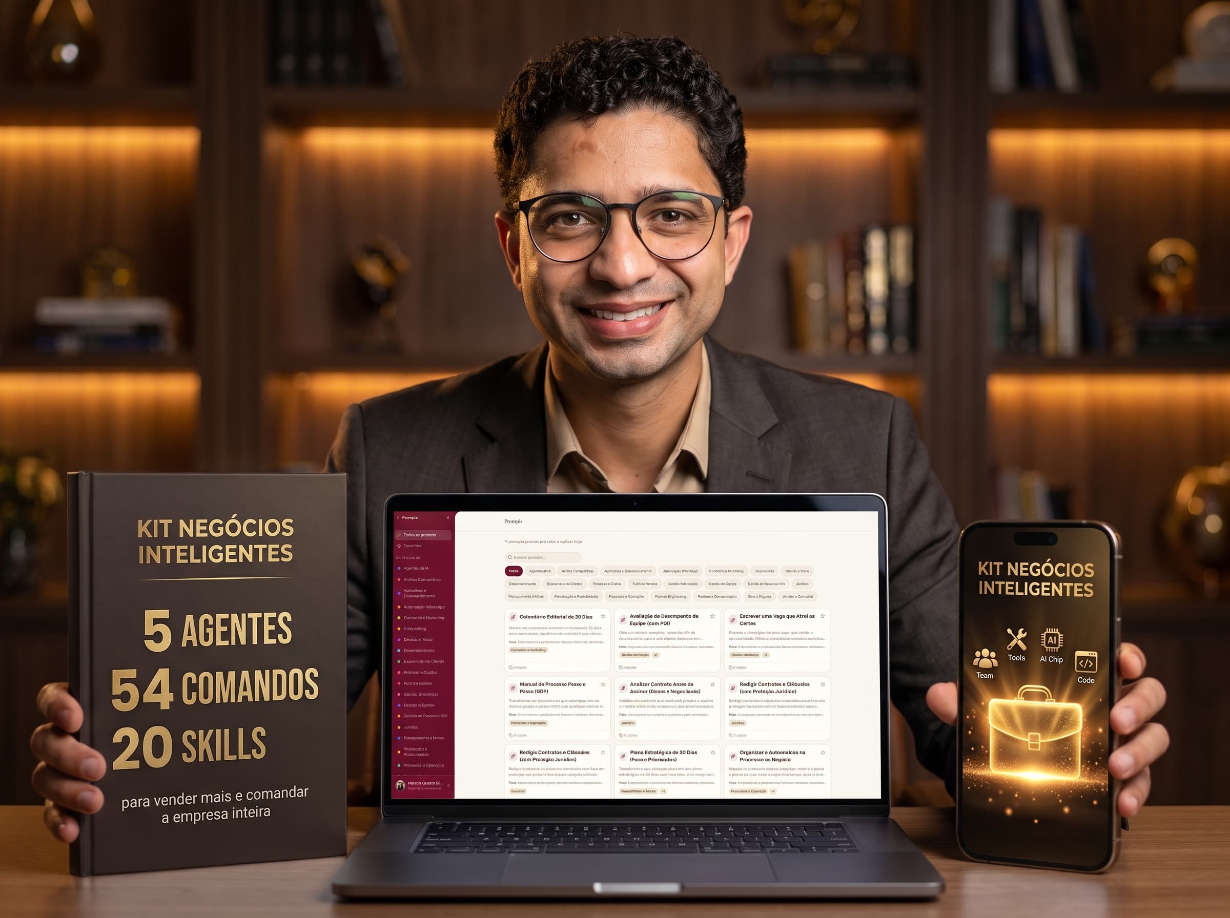 Mateus Castro segurando o Kit Negócios Inteligentes: livro com 5 agentes, 54 comandos e 20 skills, notebook com a biblioteca de comandos aberta e celular com o Kit